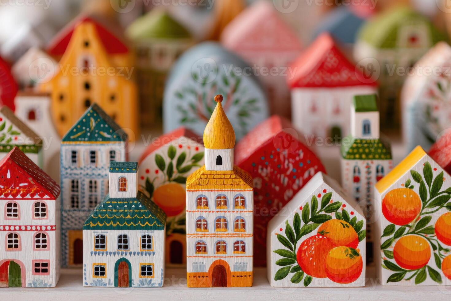 Collection of colorful handmade Russian folk art wooden houses forming a miniature village photo