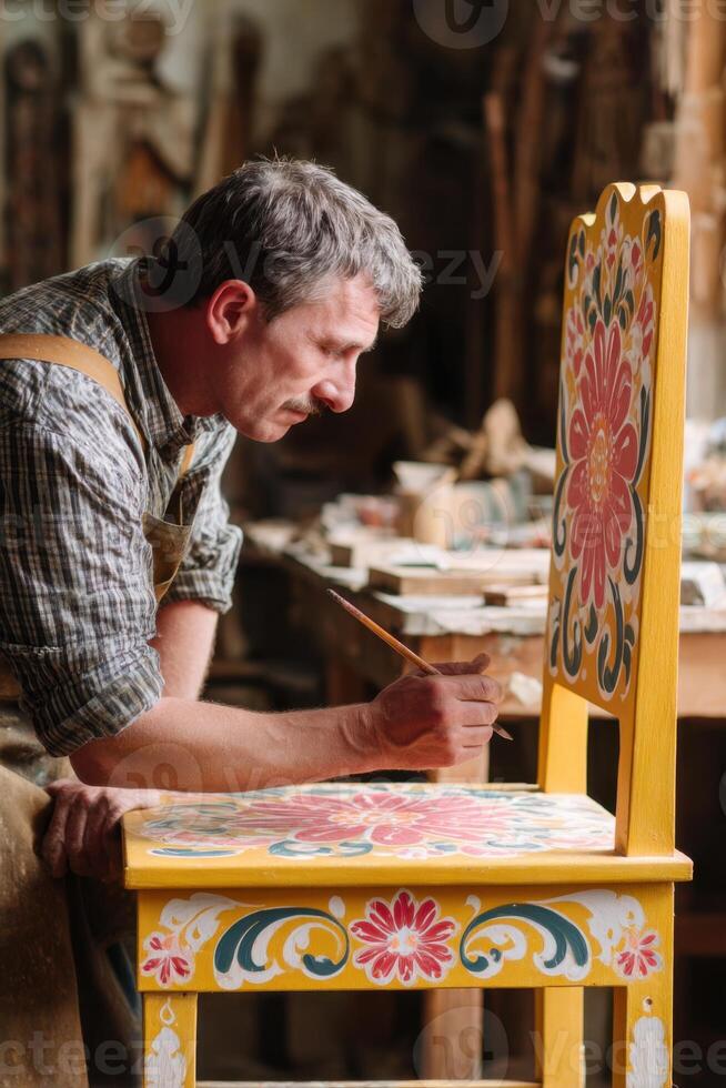 Craftsman painting khokhloma floral pattern on wooden chair photo
