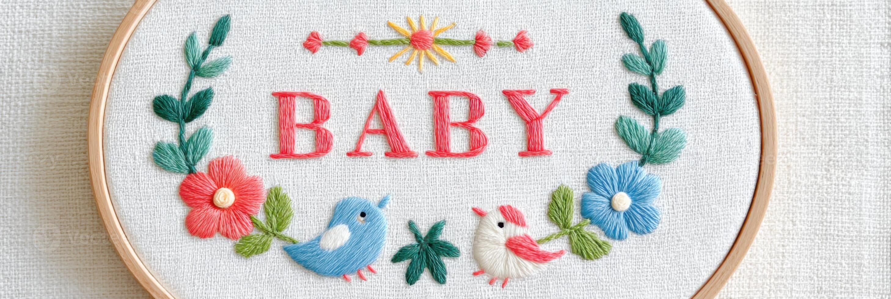 Baby embroidery hoop art with colorful birds and flowers celebrating newborn photo