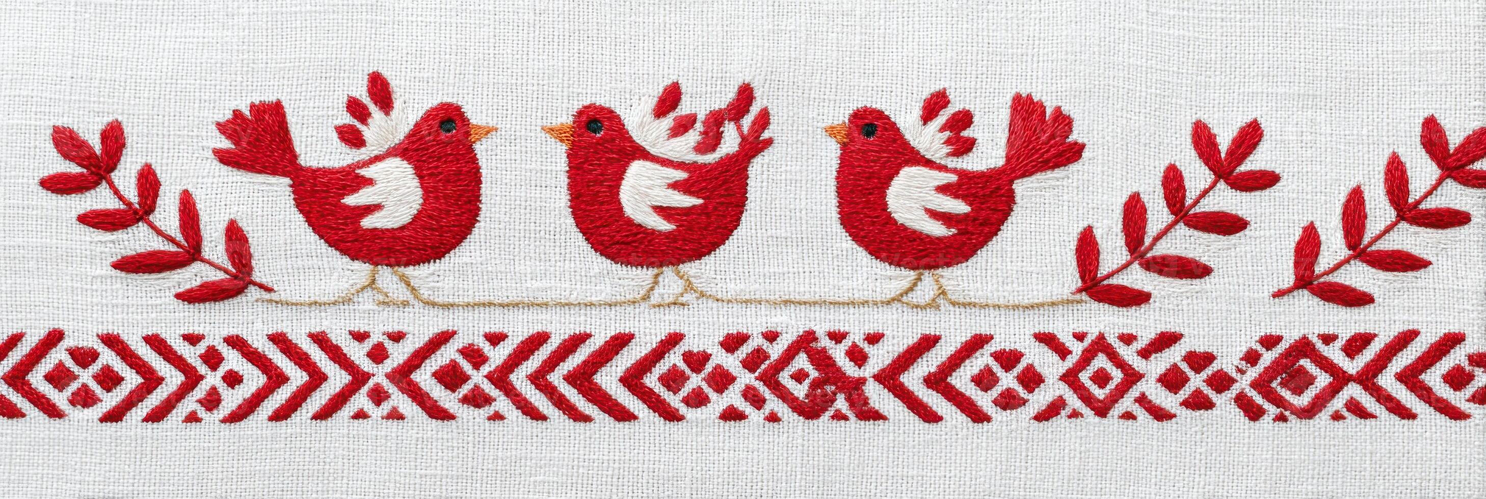 Embroidered towel rushnyk with traditional Ukrainian pattern featuring red birds photo