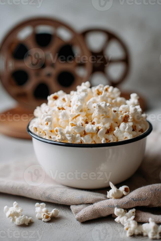 Bowl of freshly popped popcorn sits on a textured cloth, with vintage film reels in the background, creating a nostalgic atmosphere for movie night snacks photo