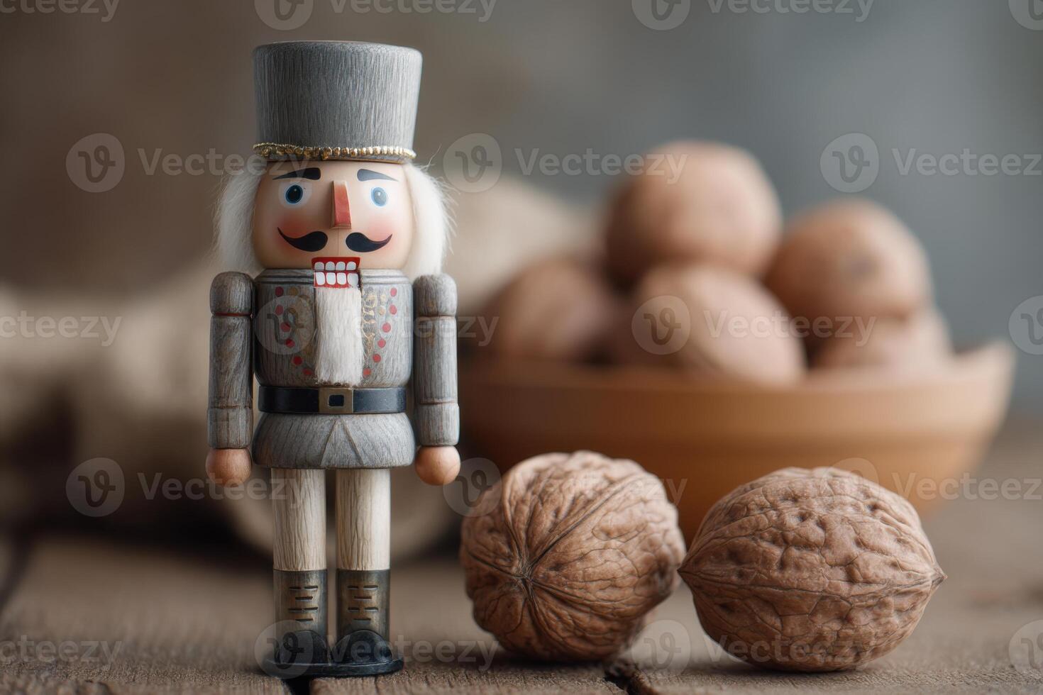 Wooden nutcracker figurine stands beside whole walnuts on rustic wooden table, with a bowl of shelled nuts in the background, creating a cozy seasonal atmosphere photo
