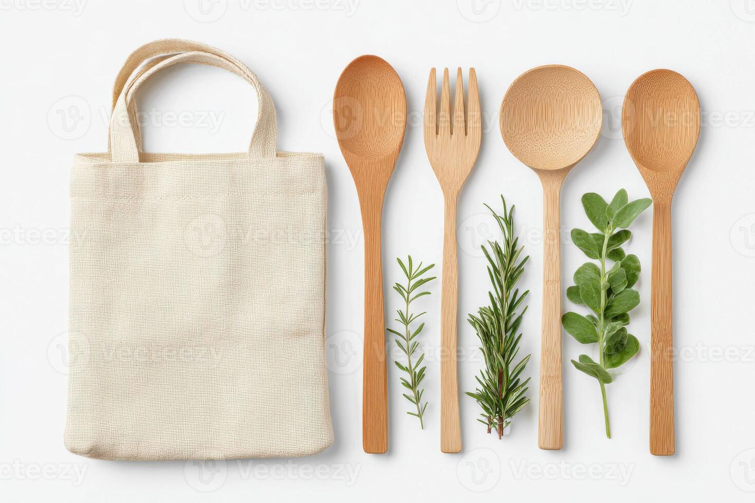 Wooden kitchen utensils including spoons and forks arranged beside fresh herbs and a reusable fabric bag, showcasing eco-friendly cooking essentials and sustainable lifestyle choices photo