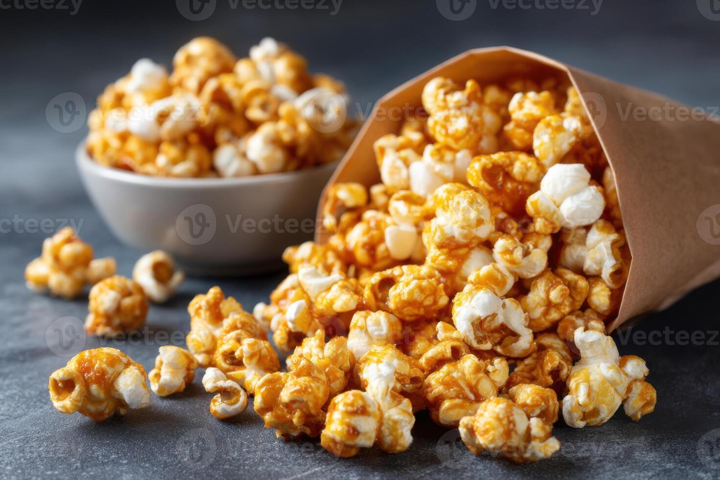 Delicious caramel popcorn spilling from a brown paper bag onto a dark surface, with a bowl of popcorn in the background, creating a tempting snack scene for movie lovers photo