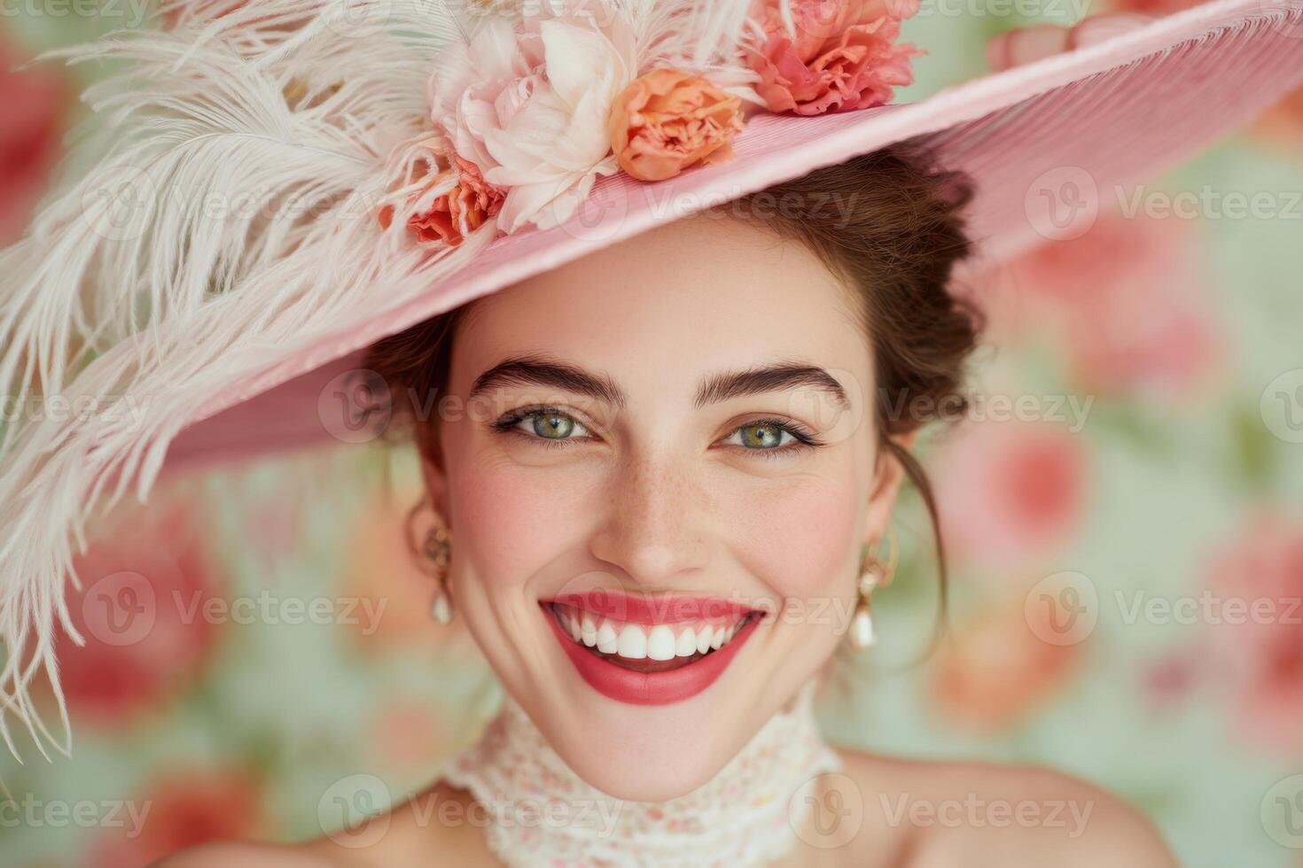 Portrait of smiling woman wearing extravagant derby hat with feathers and flowers photo