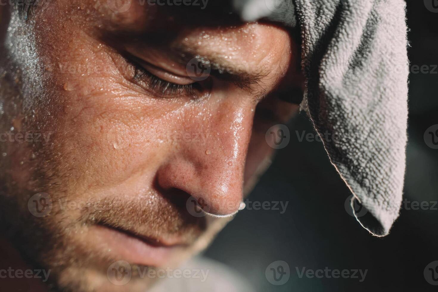 Exhausted mechanic wiping sweat from forehead after hard work in garage photo
