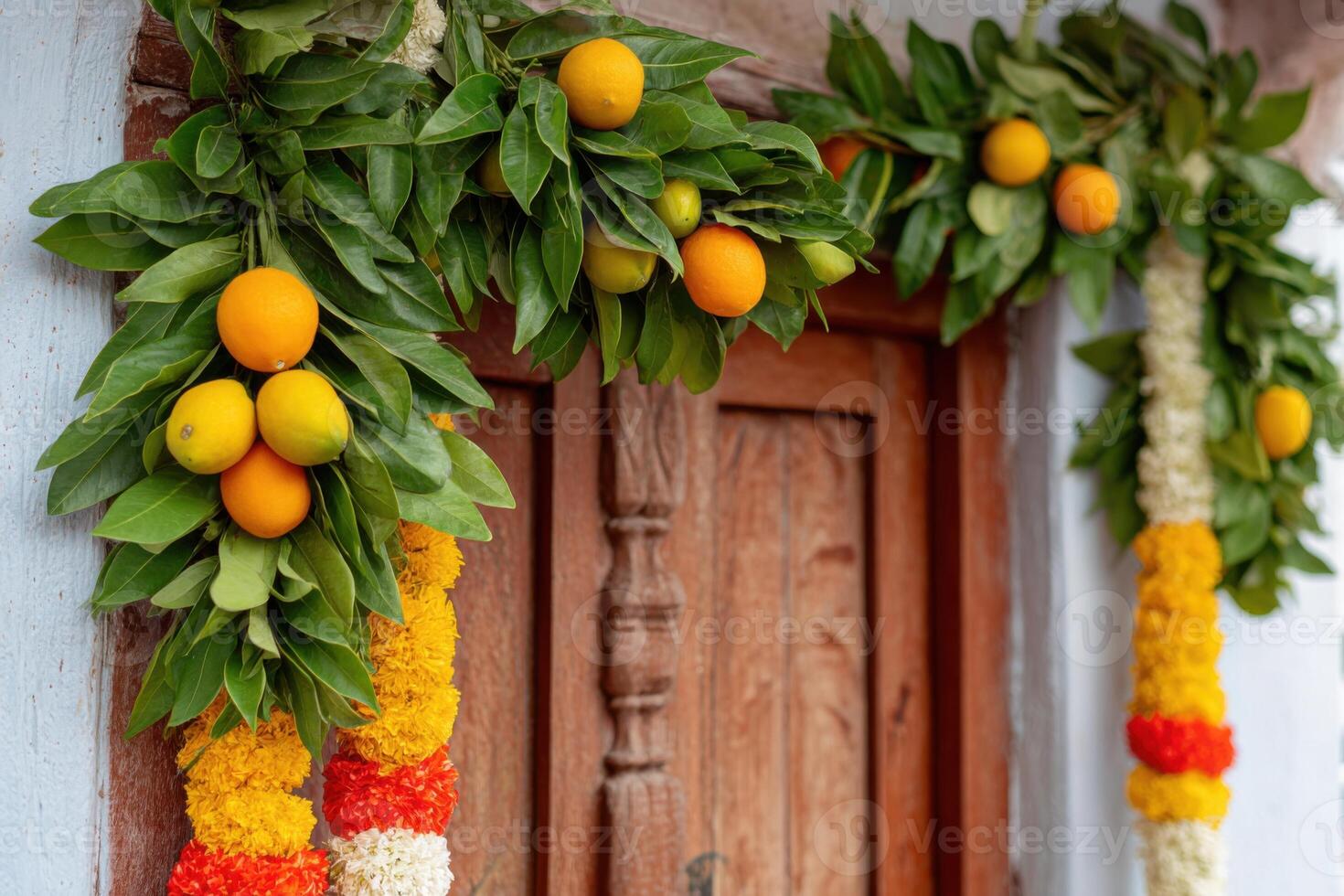 Traditional Indian door frame decorated with orange and lemon garland photo