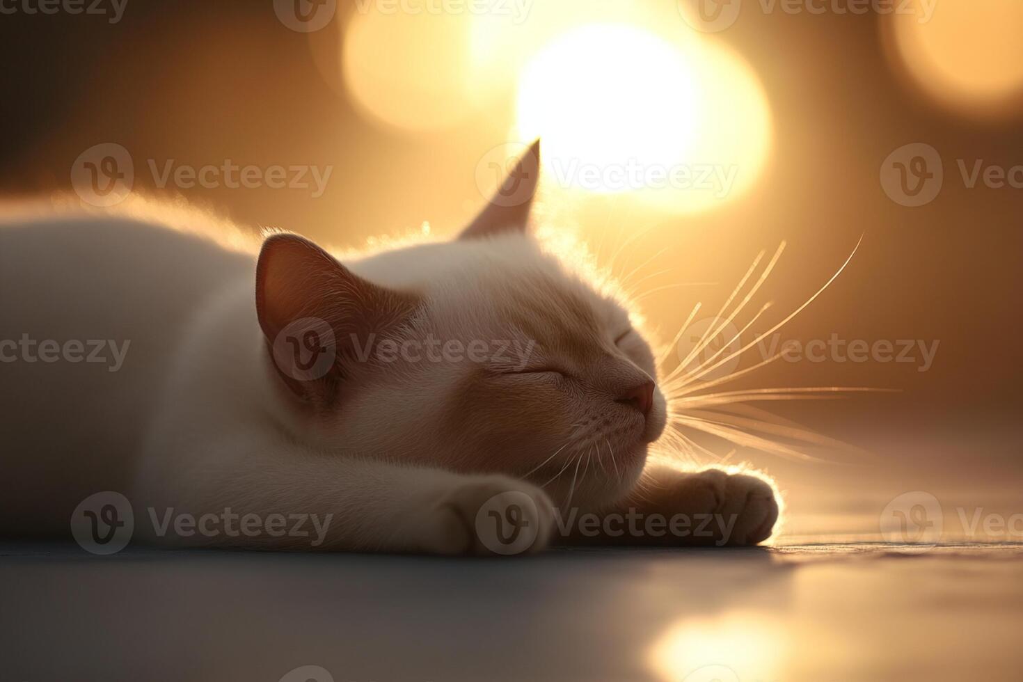 A white cat laying on the floor with its eyes closed photo