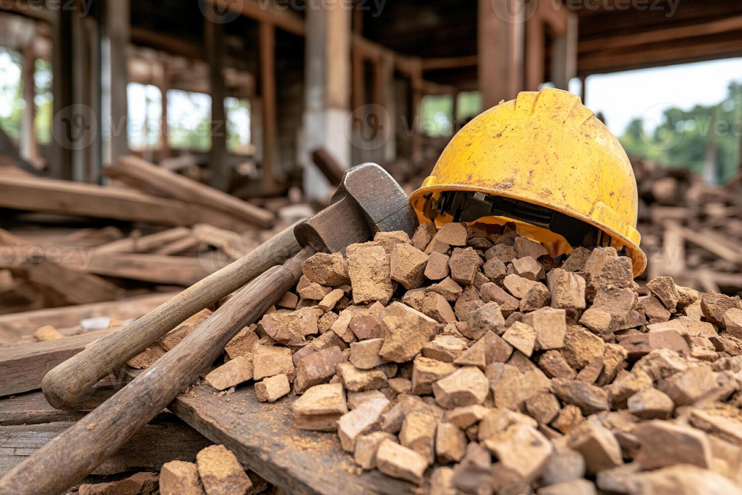 A yellow hard hat and a pile of rubble photo