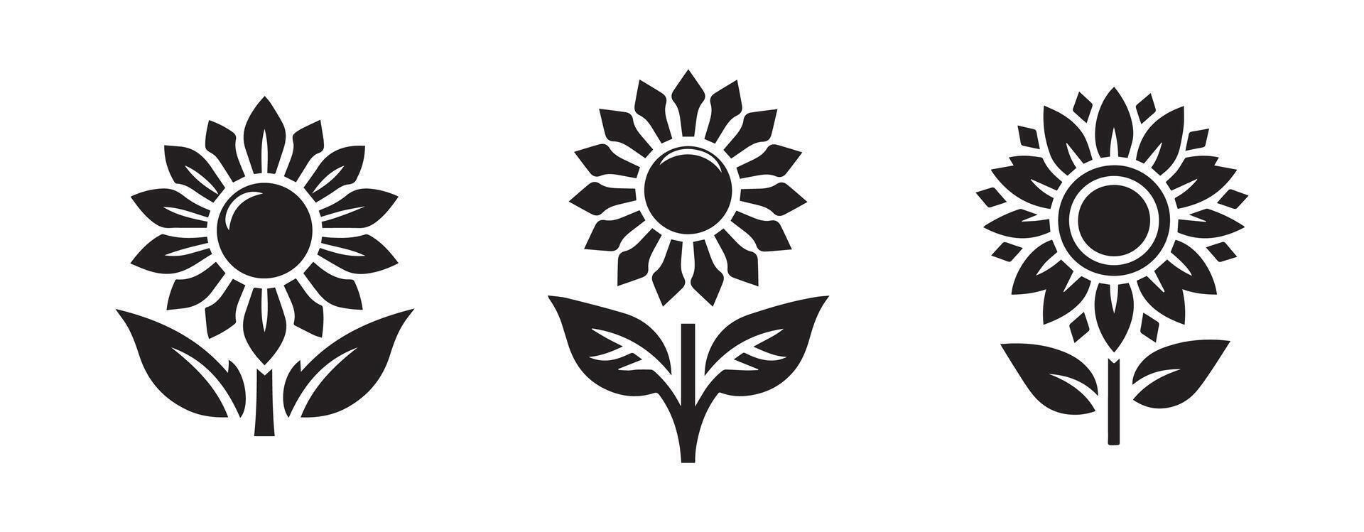 Sunflower flower black silhouette isolated on white background, clip art bundle vector
