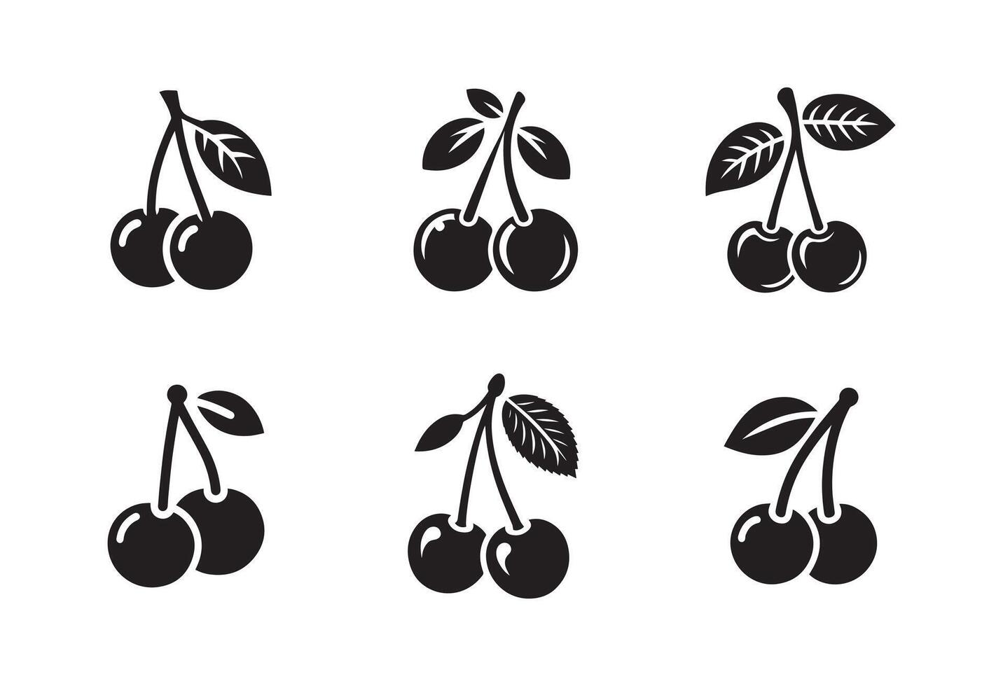 Cherry black silhouette logo icon isolated on white background, clip art bundle set vector