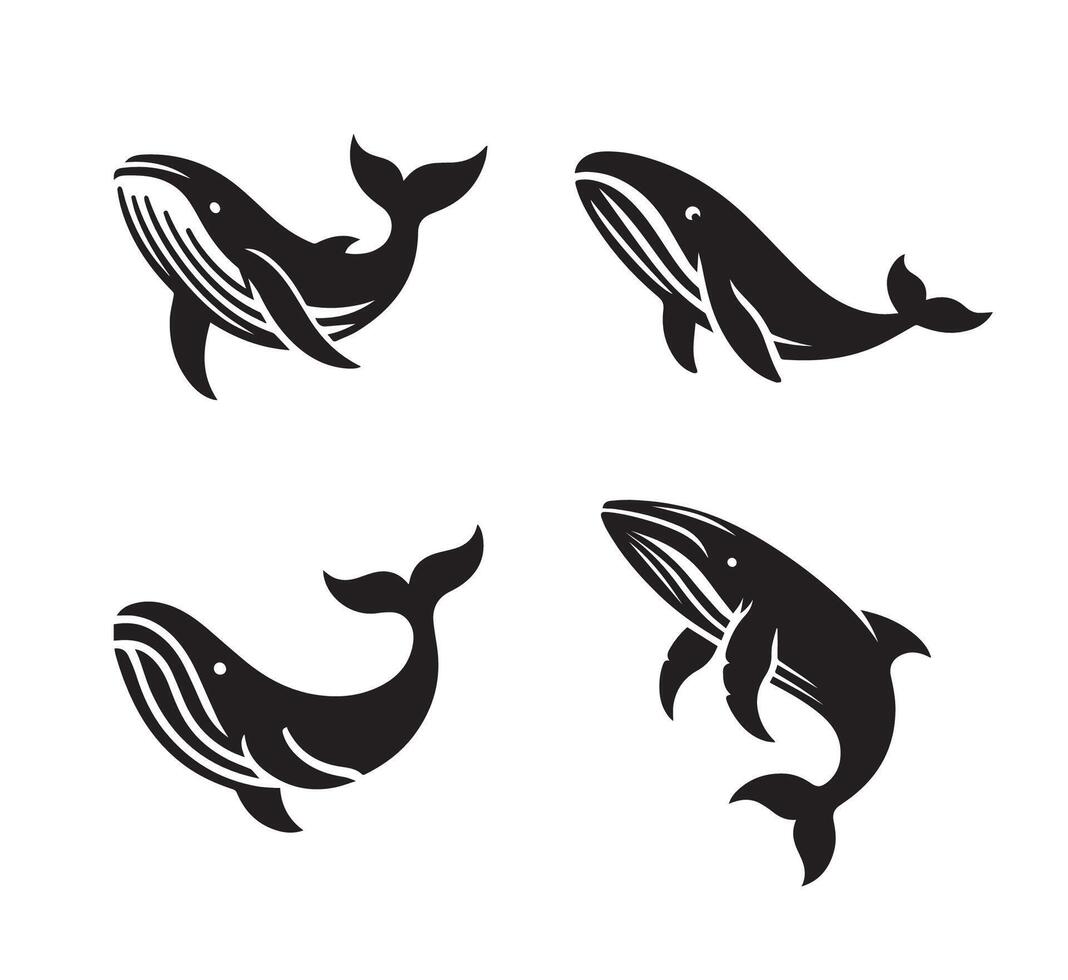 Whale fish black solid silhouette logo icon design on white background, bundle vector
