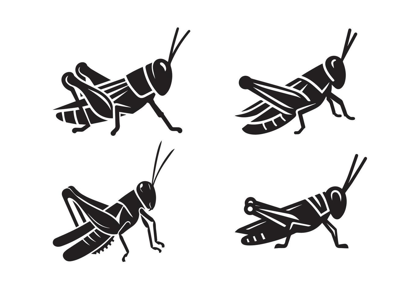 Grasshopper insect black solid silhouette bundle isolated on white background, clip art logo icon set vector
