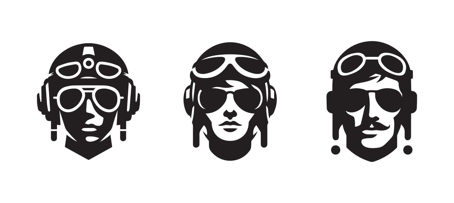 Aviator plane pilot black silhouette logo icon isolated on white background, clip art vector