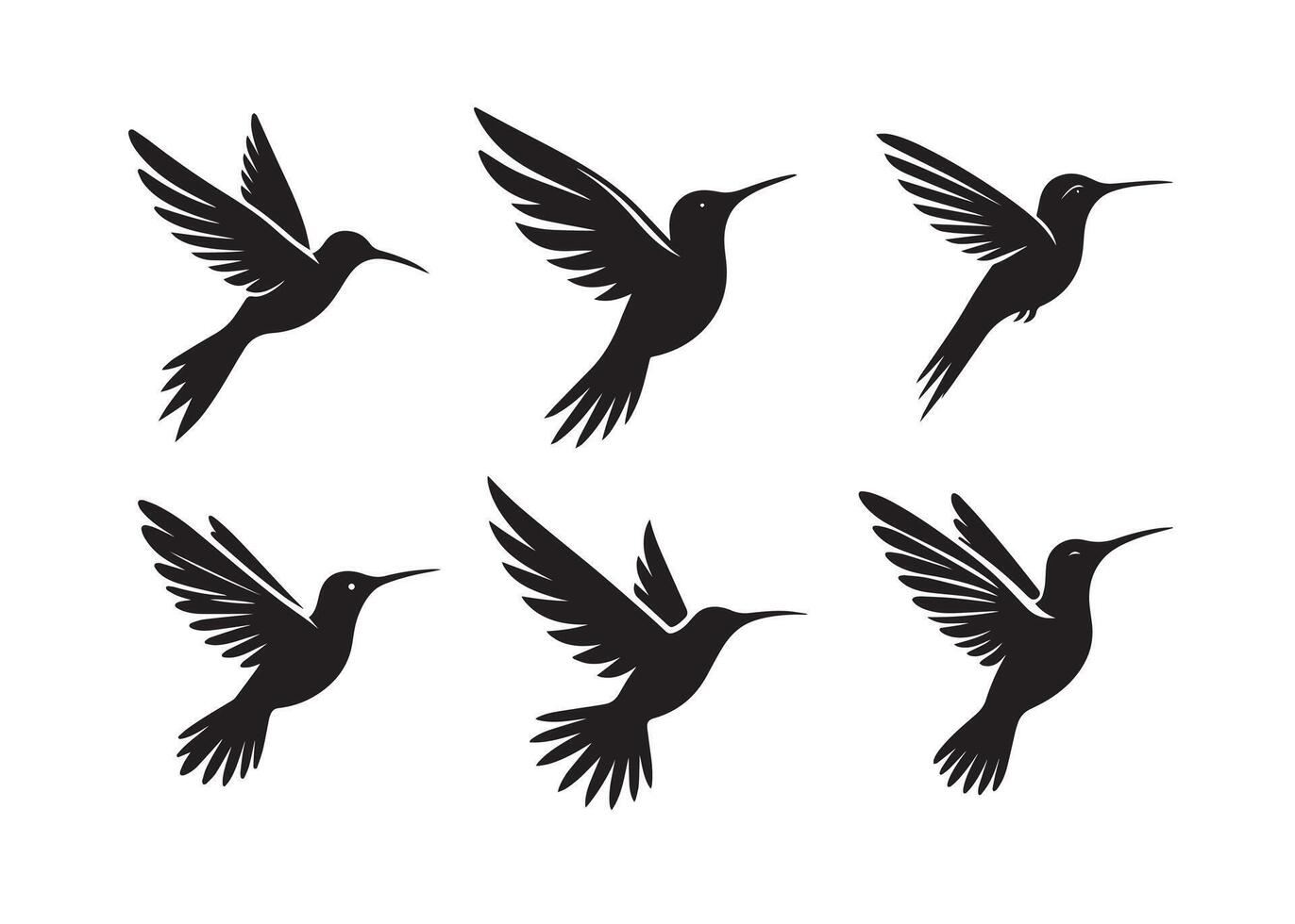 Hummingbird black solid silhouette bundle isolated on white background, bird clip art logo vector