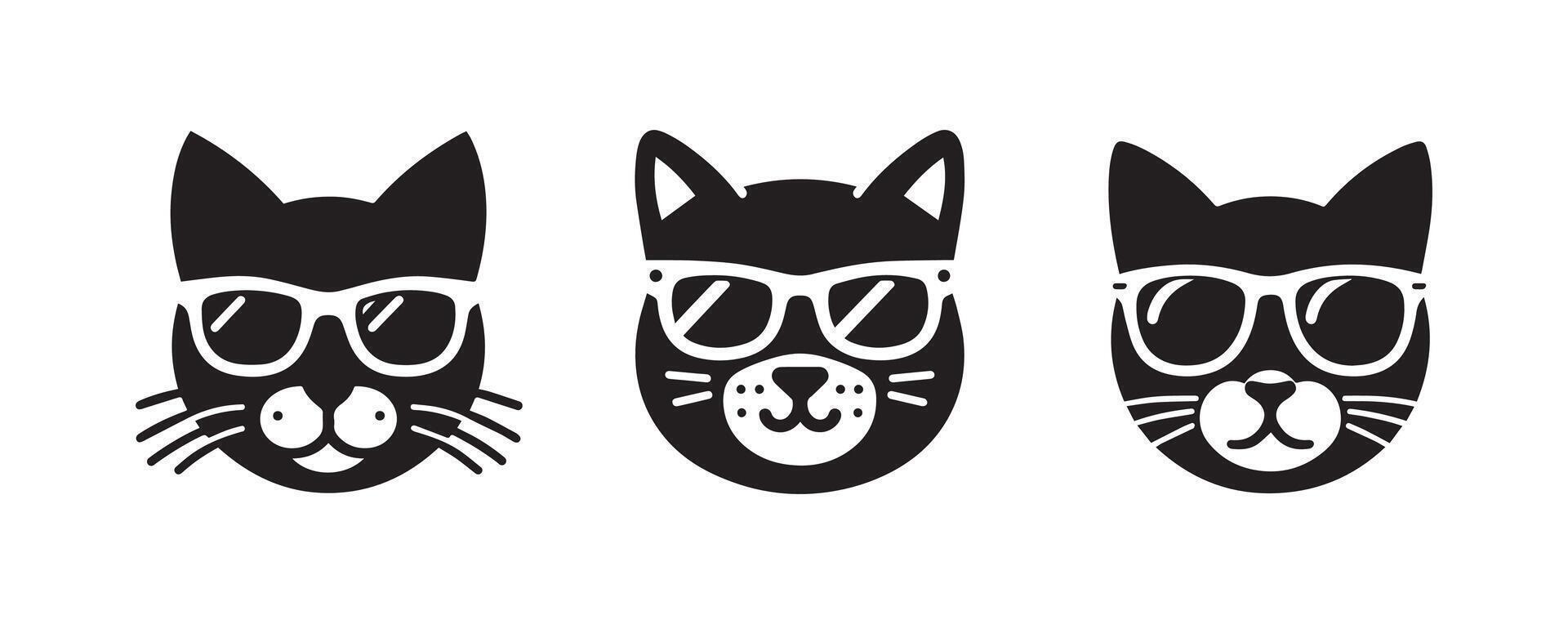 Cat wearing sunglass black silhouette lineart logo icon, cute kitten animal isolated on white background vector