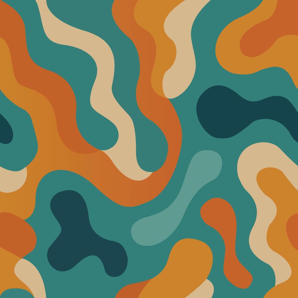 Colorful Abstract Organic Shape Seamless Pattern with Wavy Lines in Retro Teal Orange and Cream Tones vector