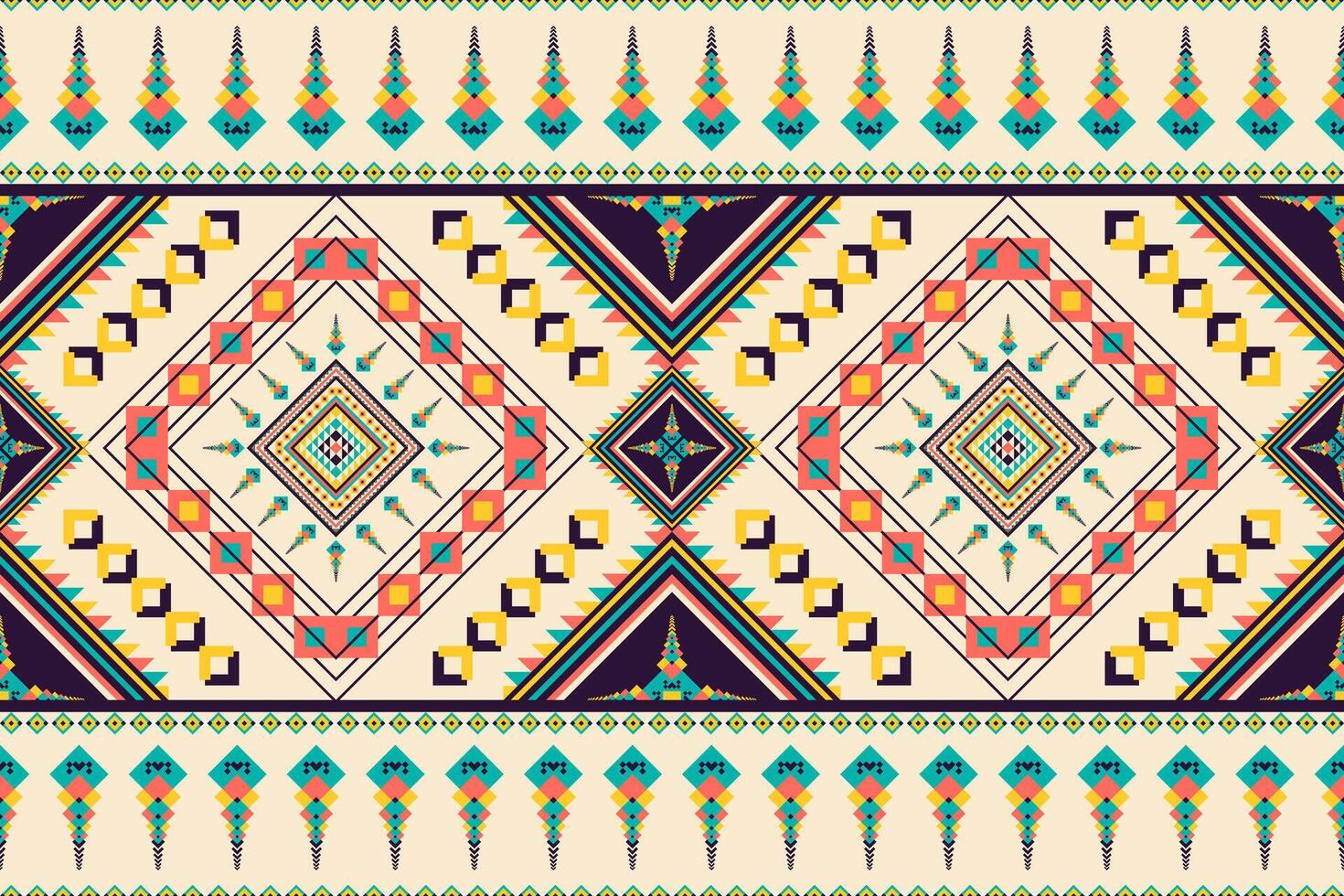 Elegant tribal seamless pattern with intricate diamond motifs on cream background. Features teal, coral, yellow and purple geometric elements ideal for premium textiles, home decor and luxury design. vector