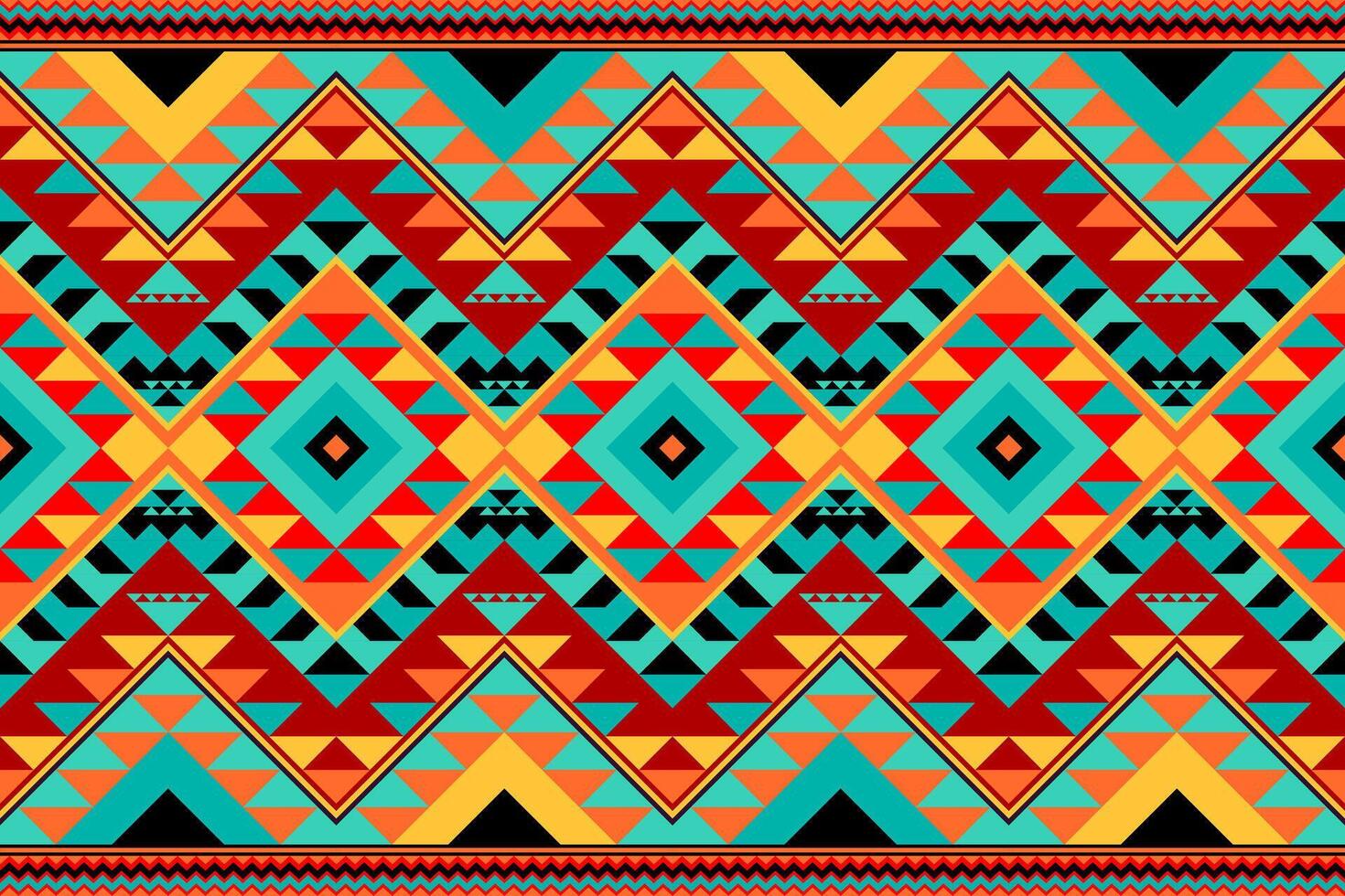 Vibrant tribal geometric seamless pattern with diamond motifs in turquoise, red, yellow, orange and black. Ethnic design perfect for textiles, home decor, digital backgrounds and fashion applications. vector
