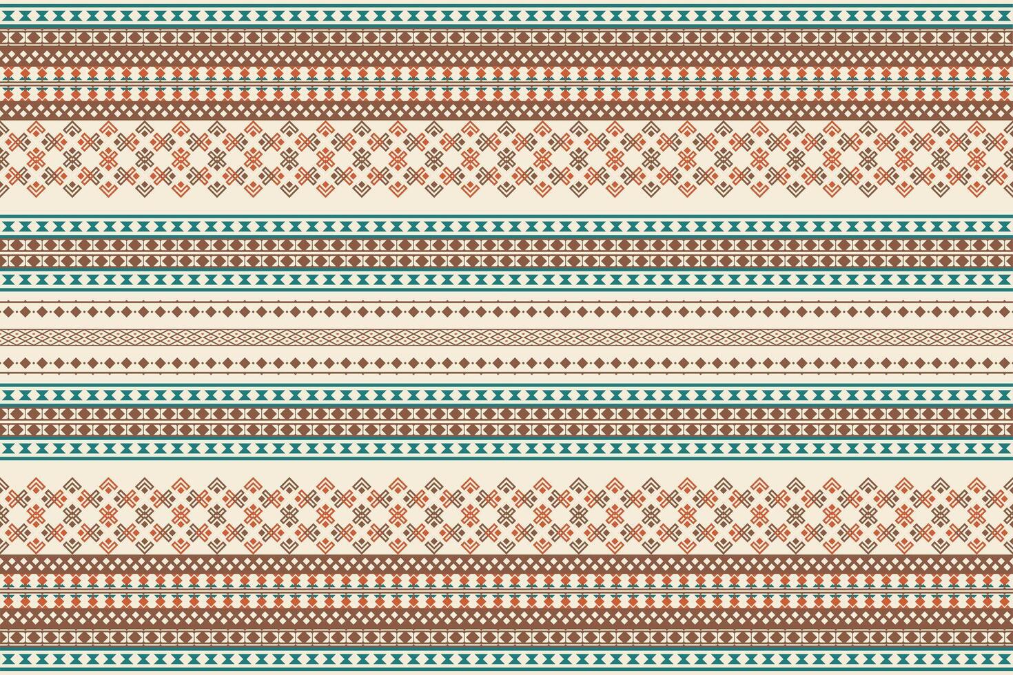Seamless horizontal tribal pattern with geometric borders in teal, terracotta, brown, and cream. Features native motifs including diamonds, crosses, and zigzags. Ideal for textiles, decor, and ethnic. vector