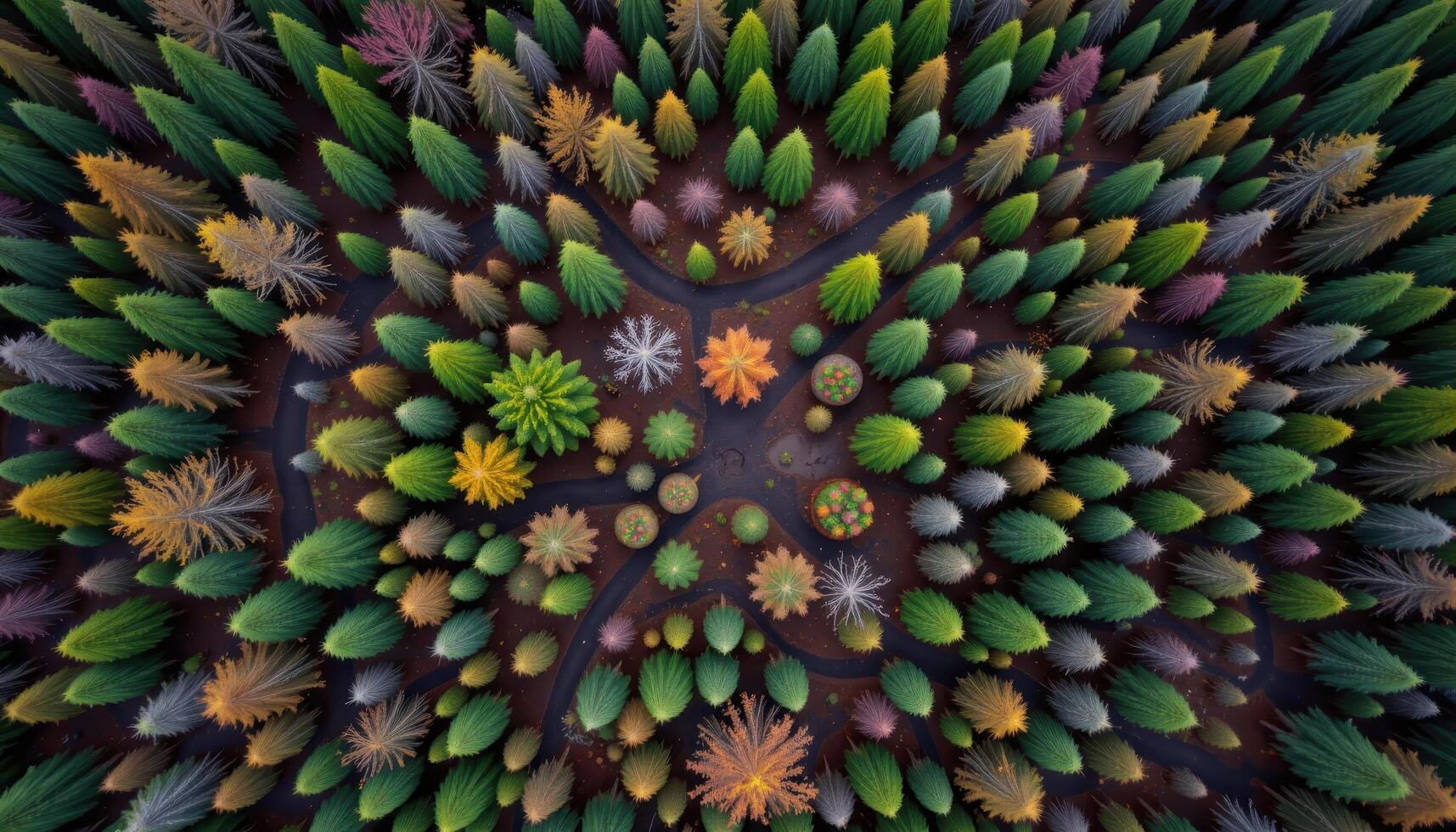 Aerial View of a Colorful Christmas Tree Farm Rows of Evergreen Trees in Autumn Hues photo
