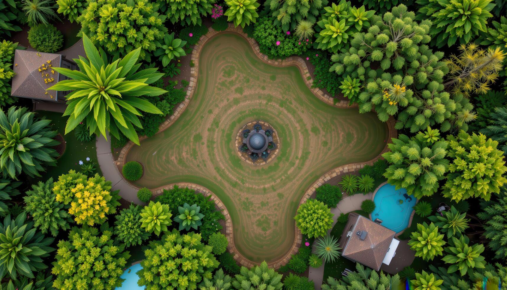 Aerial View of Serene Garden Oasis Lush Greenery Winding Pathways and Tranquil Fountain photo