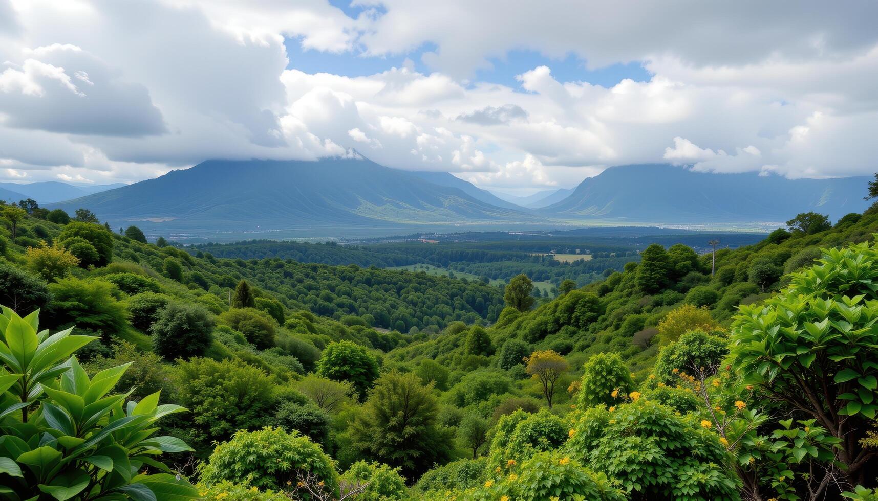 Majestic Mountain Vista Lush Green Hills and Valley Landscape under a Cloudy Sky photo
