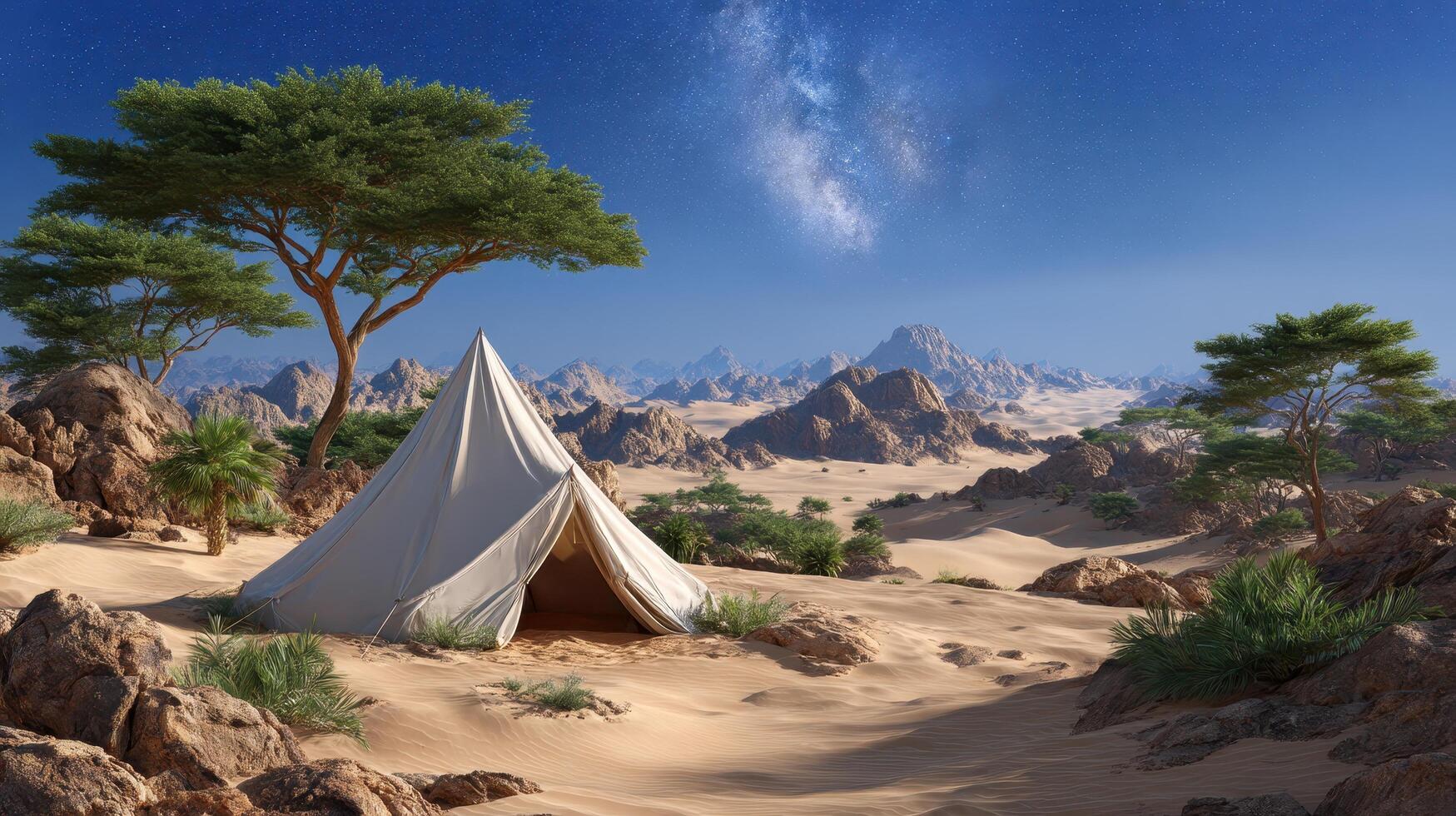 Desert Landscape with a Canvas Tent Underneath a Starry Night Sky A tranquil scene of adventure and exploration photo