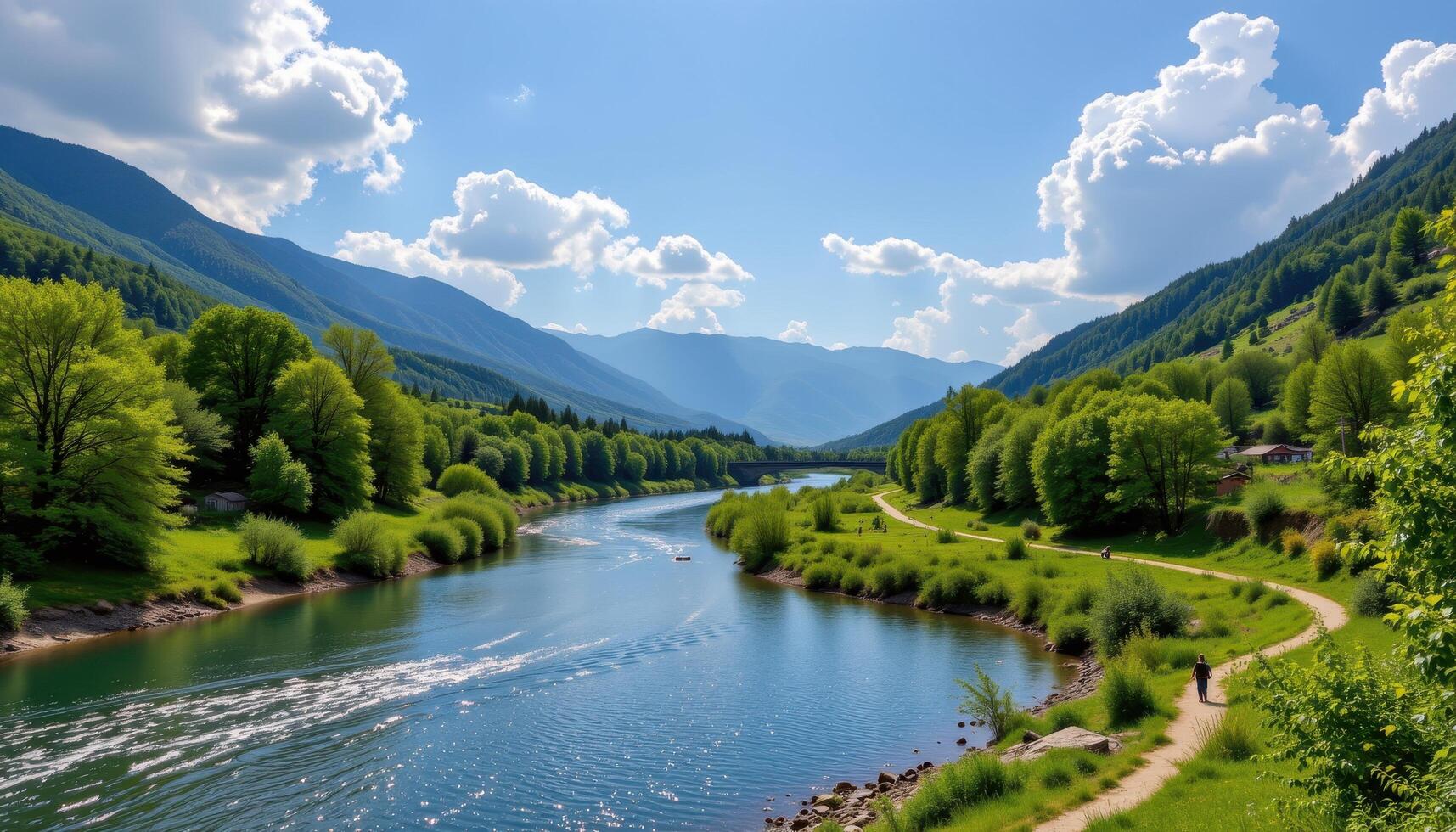 Serene Mountain River Landscape Picturesque Walking Path beside Crystal Clear Water photo