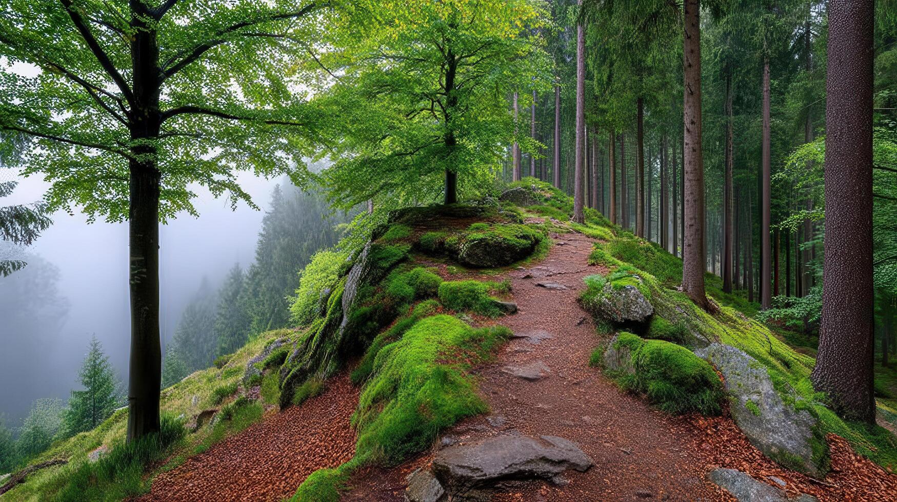 Serene Forest Path Mossy Rocks and Trees in Misty Woods A tranquil hiking trail winds through a lush green forest photo