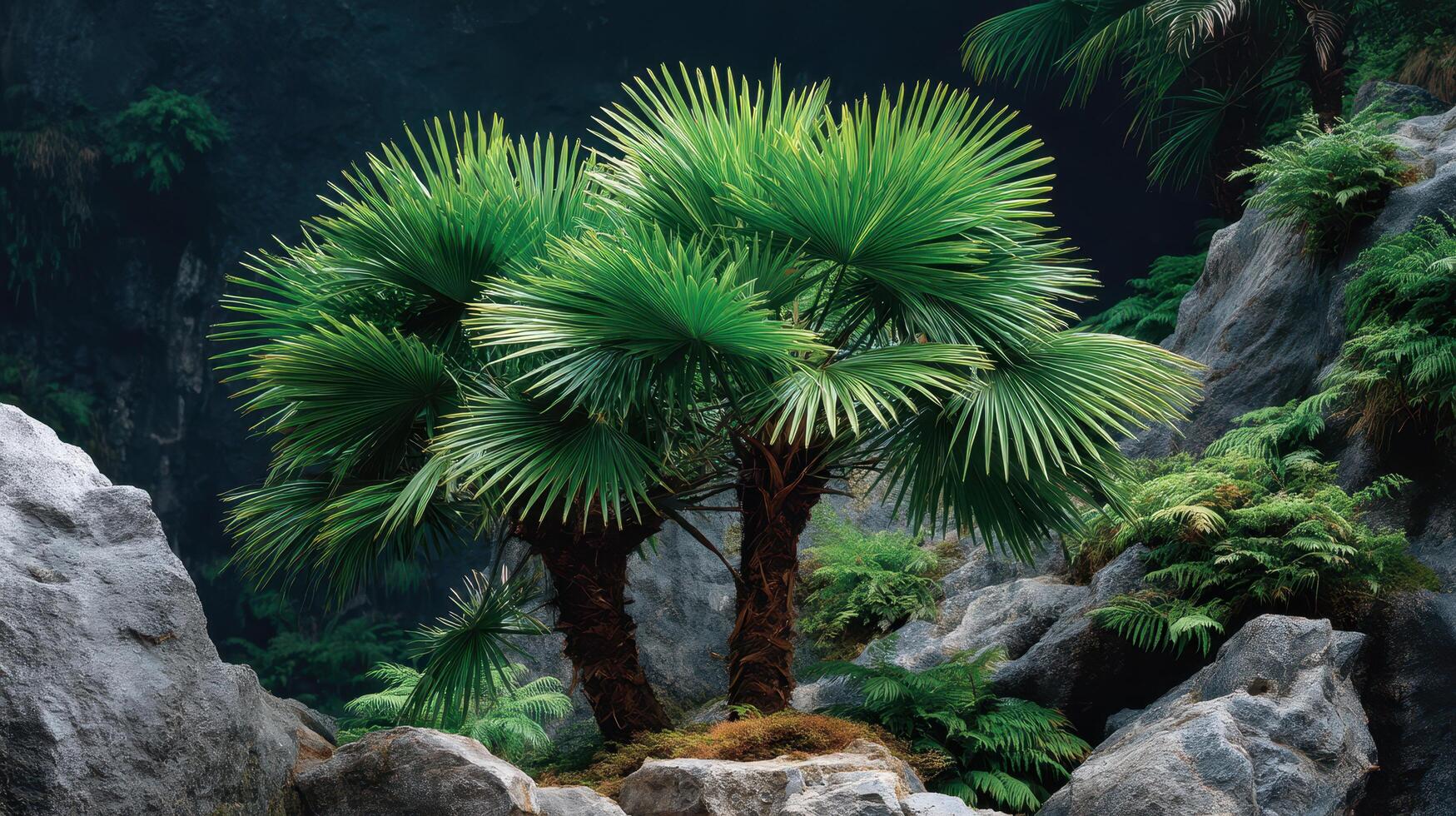 Lush Green Palm Trees Flourishing Amidst Rocky Terrain in a Serene Natural Setting photo
