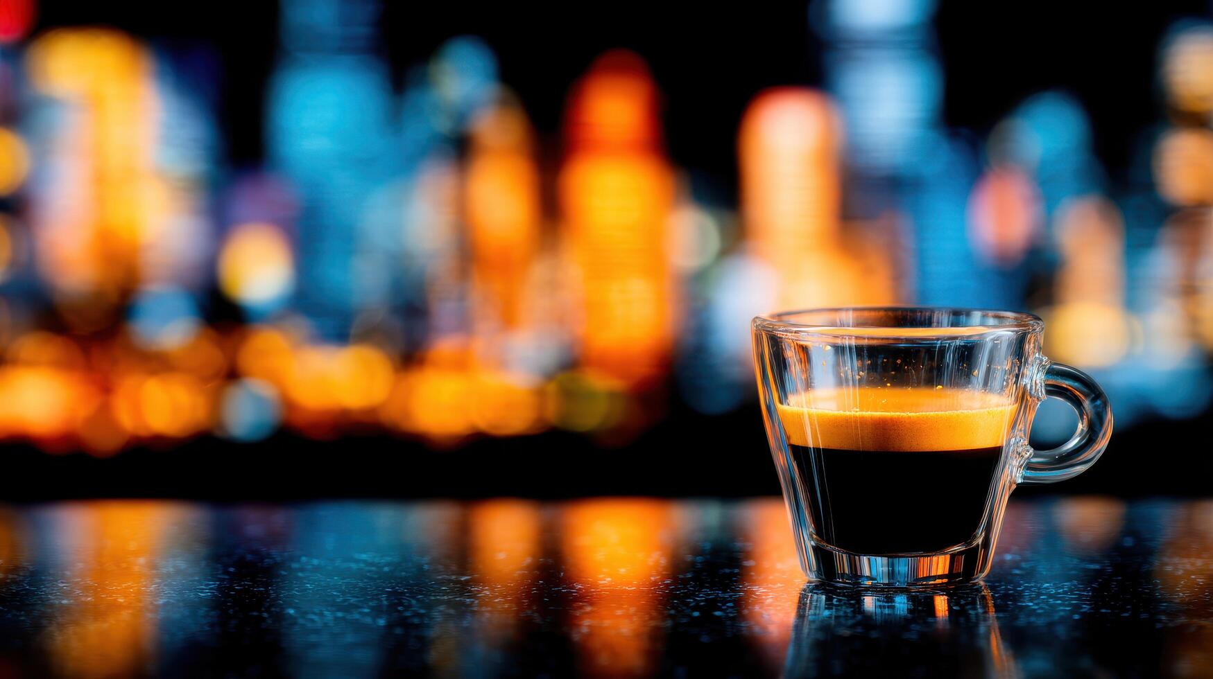 Single Espresso Shot in Glass Cup at Bar Night Setting Warm Lights Background photo