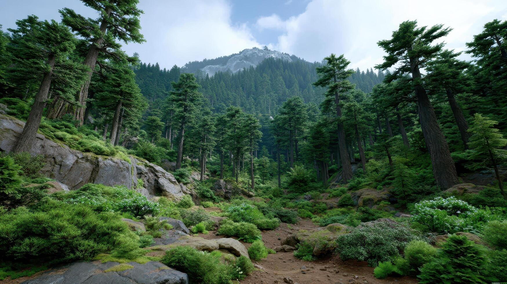 Majestic Mountain View Serene Forest Trail with Lush Greenery and Towering Evergreens photo