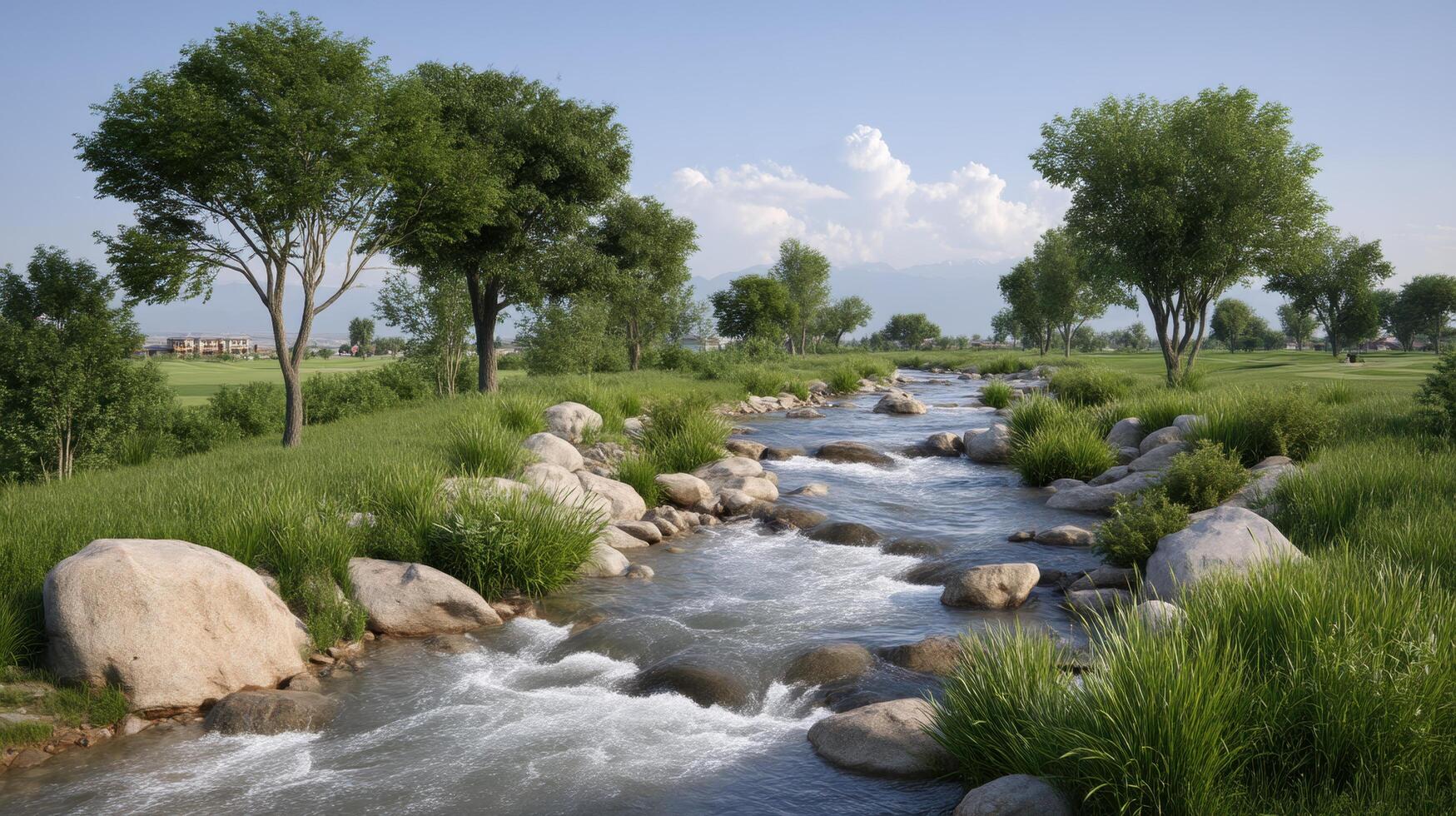 Serene Stream Flows Through Lush Green Meadow Landscape with Trees and Rocks photo