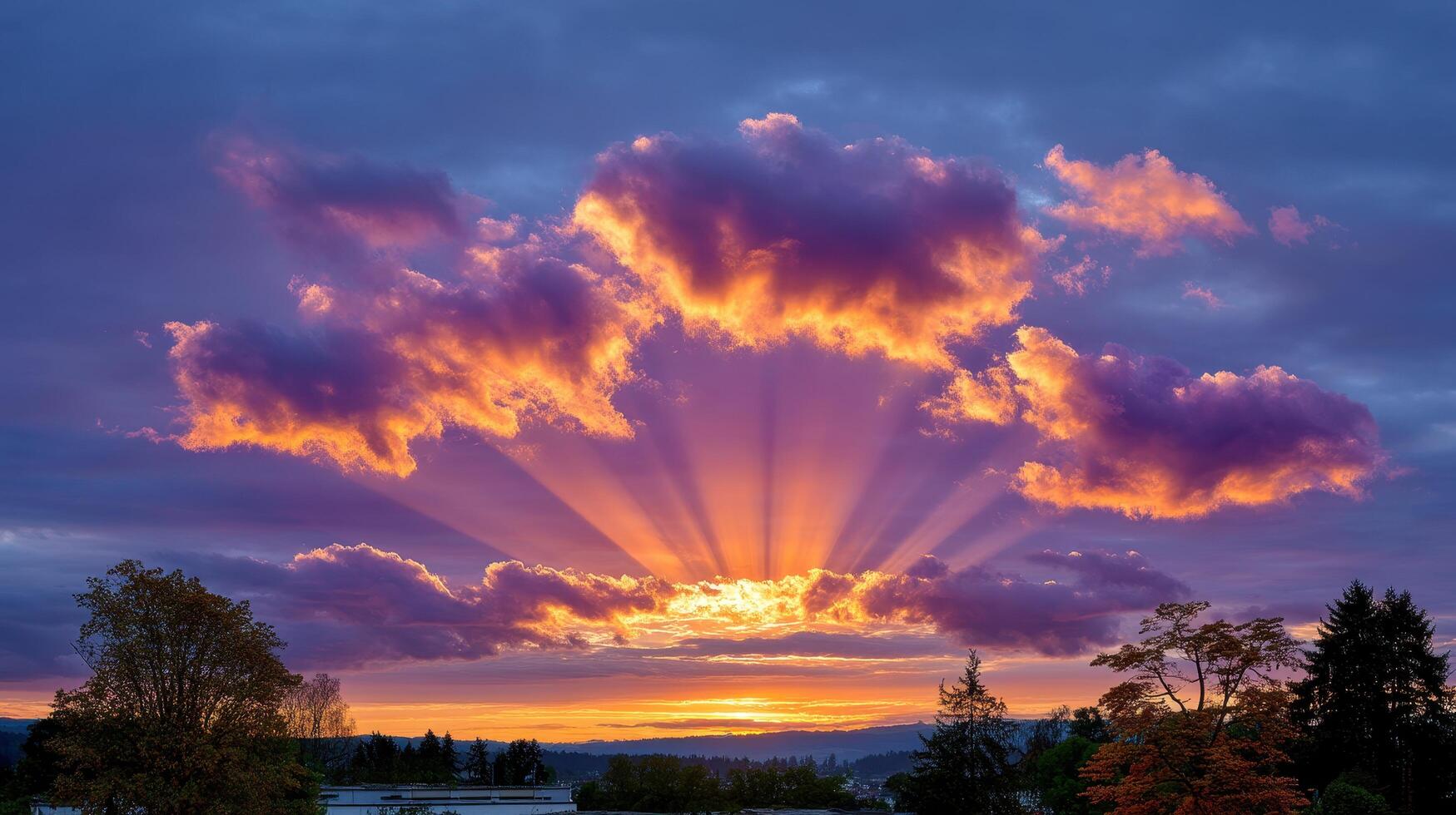 Breathtaking Sunset with Crepuscular Rays Illuminating Colorful Clouds over Trees photo