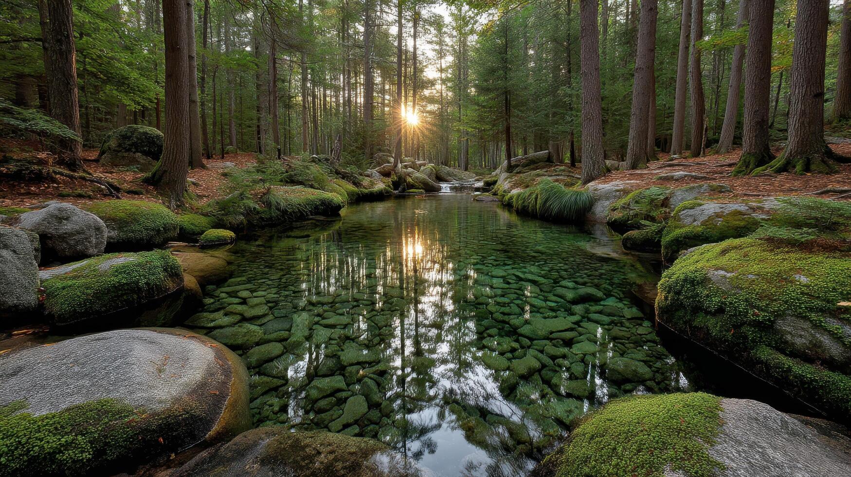 Serene Sunset over Crystal Clear Forest Stream reflecting trees and rocks Tranquil nature scene with moss covered stones photo