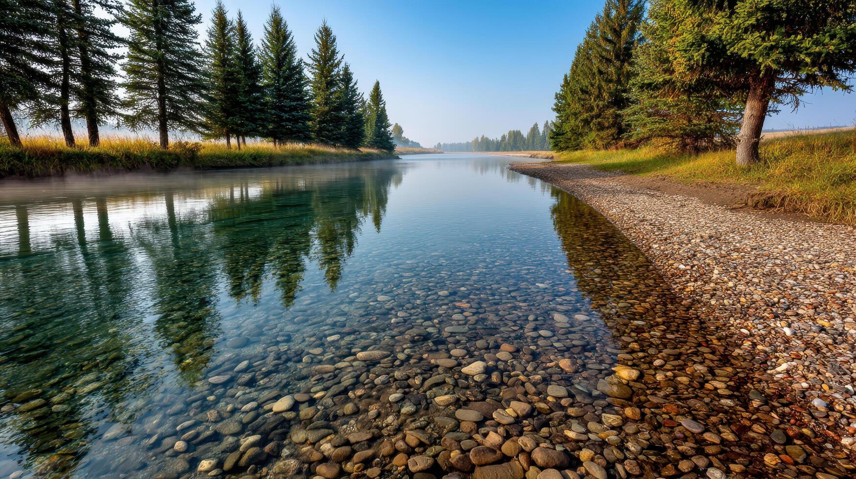 Serene River Scene Crystal Clear Water Over Smooth River Rocks Reflected Trees on Calm Banks photo