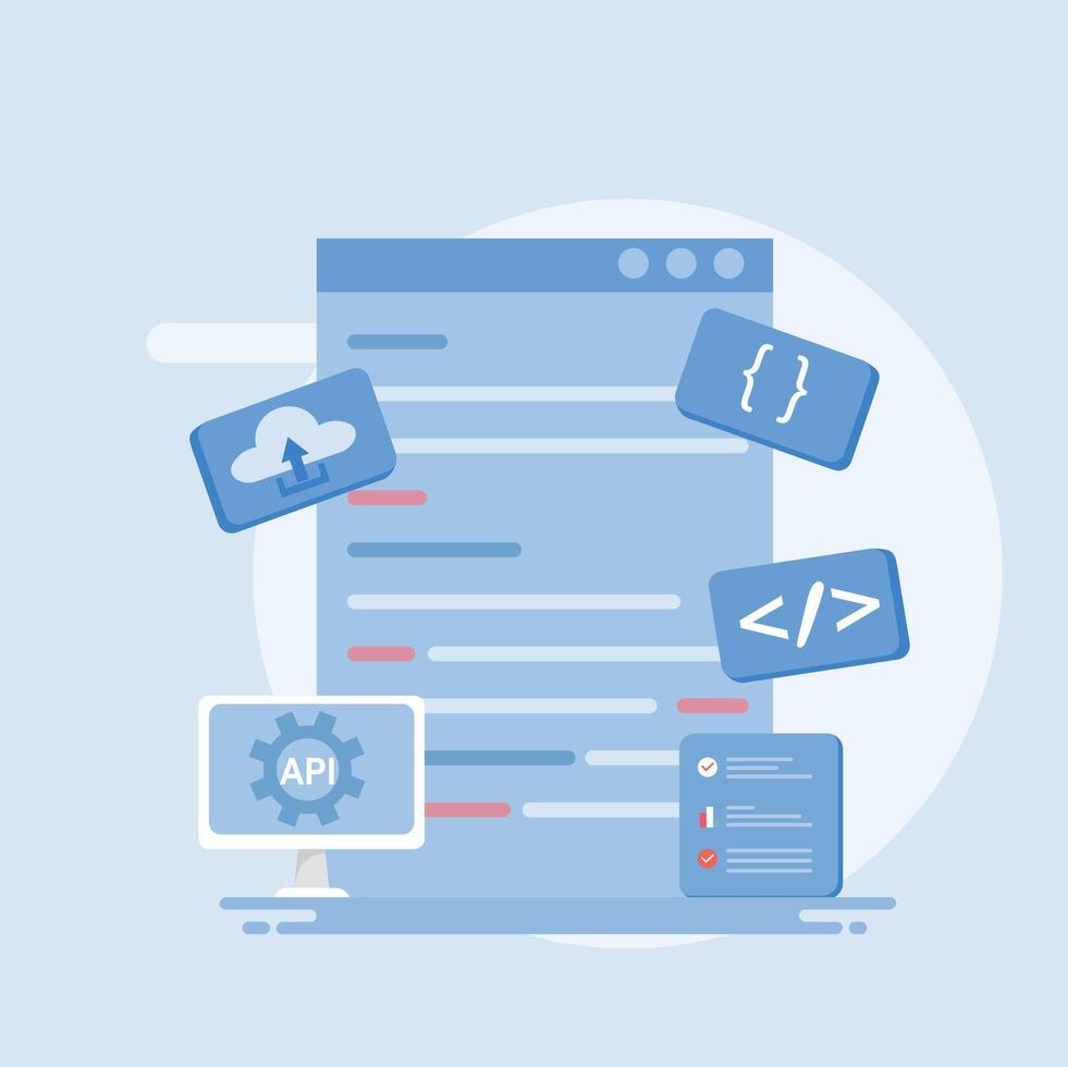 API system updates, Cloud API business updates, API development, API hosted on cloud servers. vector