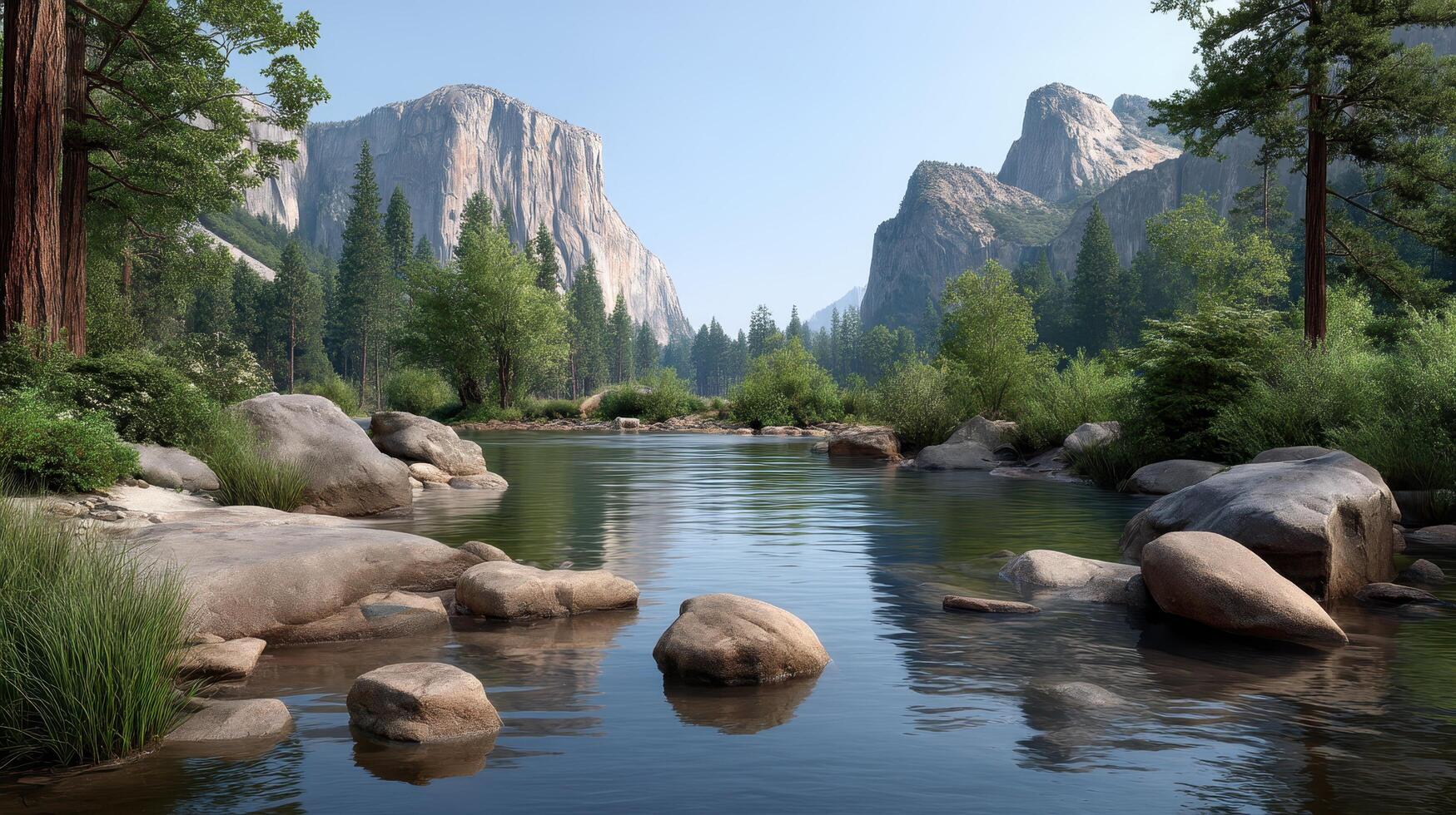 Serene River Flowing Through Majestic Yosemite Valley Landscape Calm Water Reflects Mountains and Trees photo