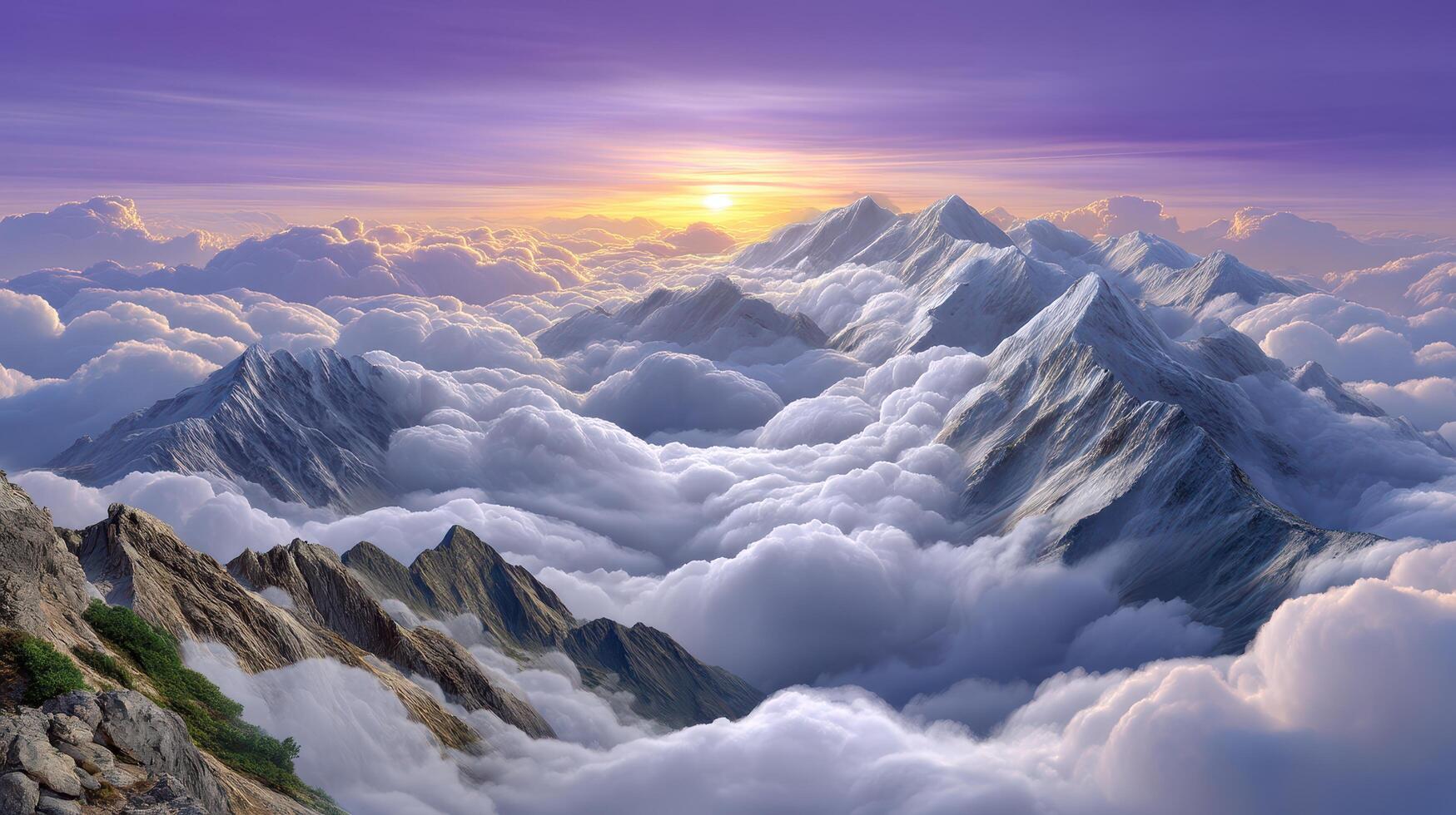 Majestic snow capped mountains rise above a sea of fluffy clouds at sunset creating a breathtaking panoramic view photo
