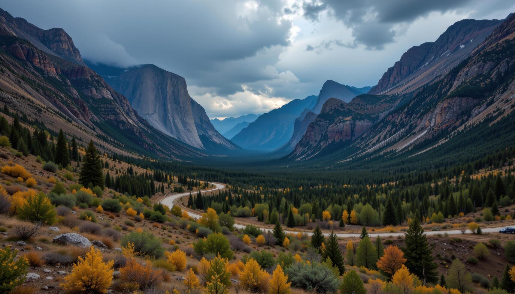 Scenic Mountain Valley Road Trip in Autumn Winding Road Through Colorful Fall Foliage and Majestic Peaks photo