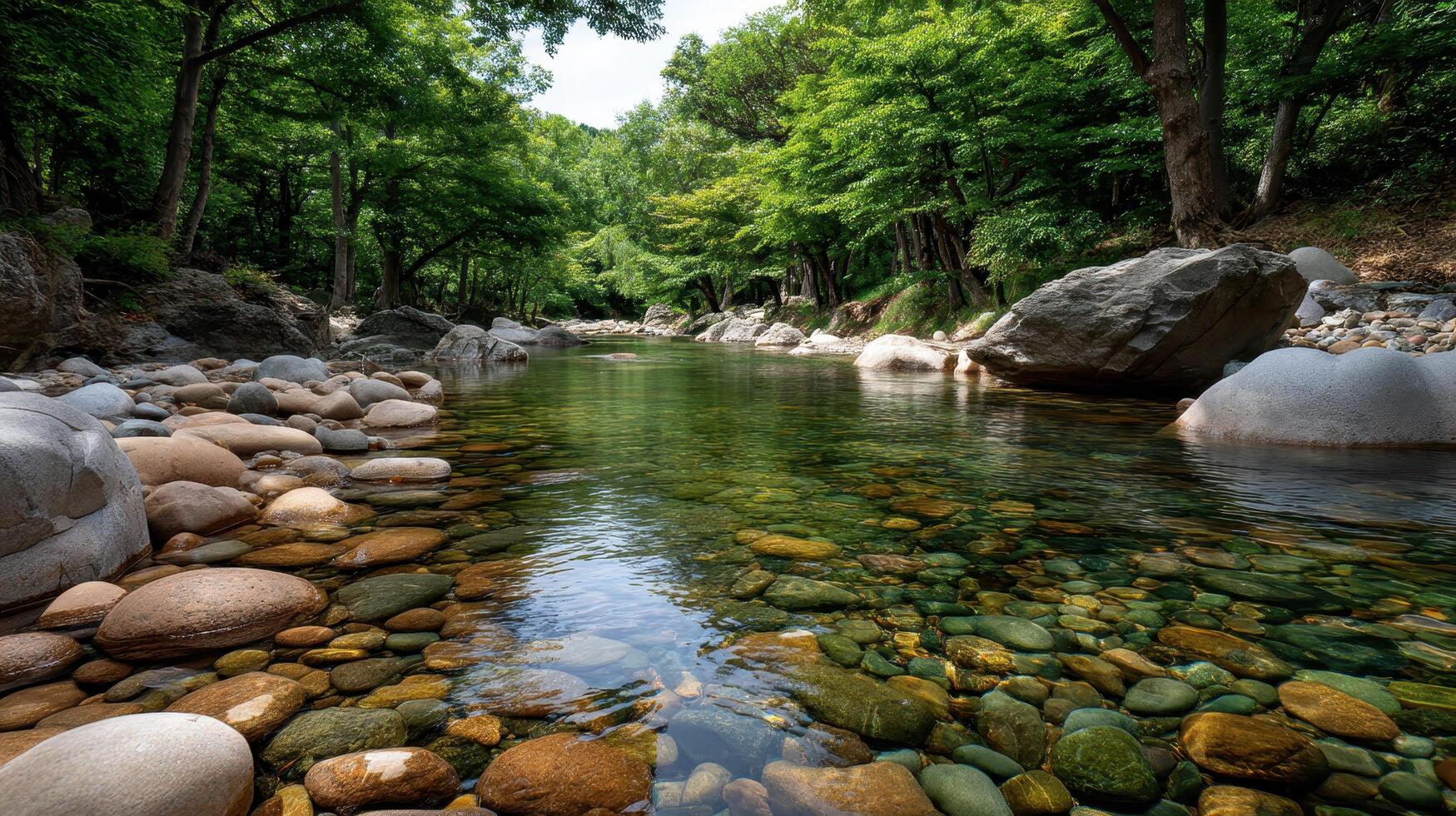 Serene River Scene Crystal Clear Water Flowing Through a Lush Green Forest with Smooth River Rocks photo