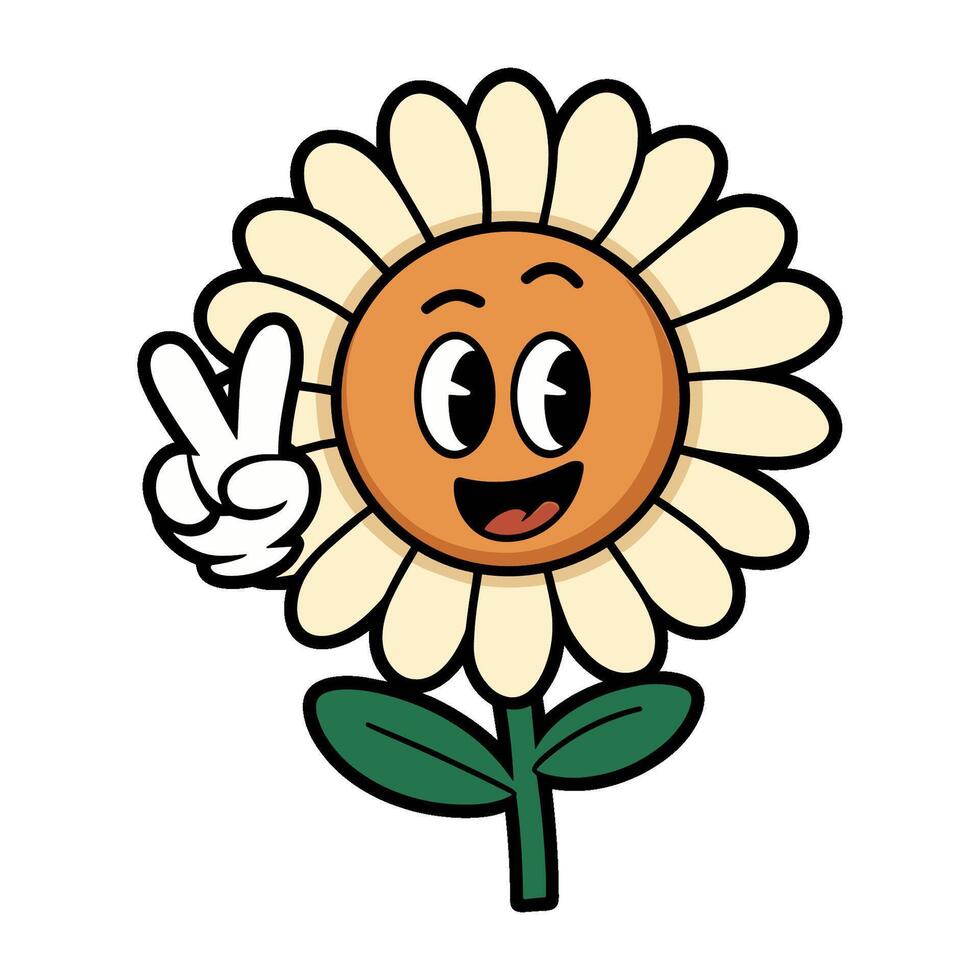 Cheerful cartoon sunflower character smiling and making peace sign gesture vector