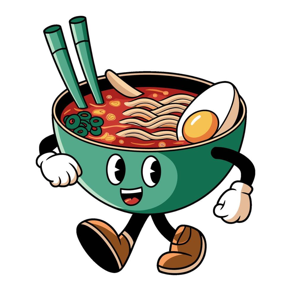 Cartoon bowl of ramen with arms, legs, and happy face on white background vector
