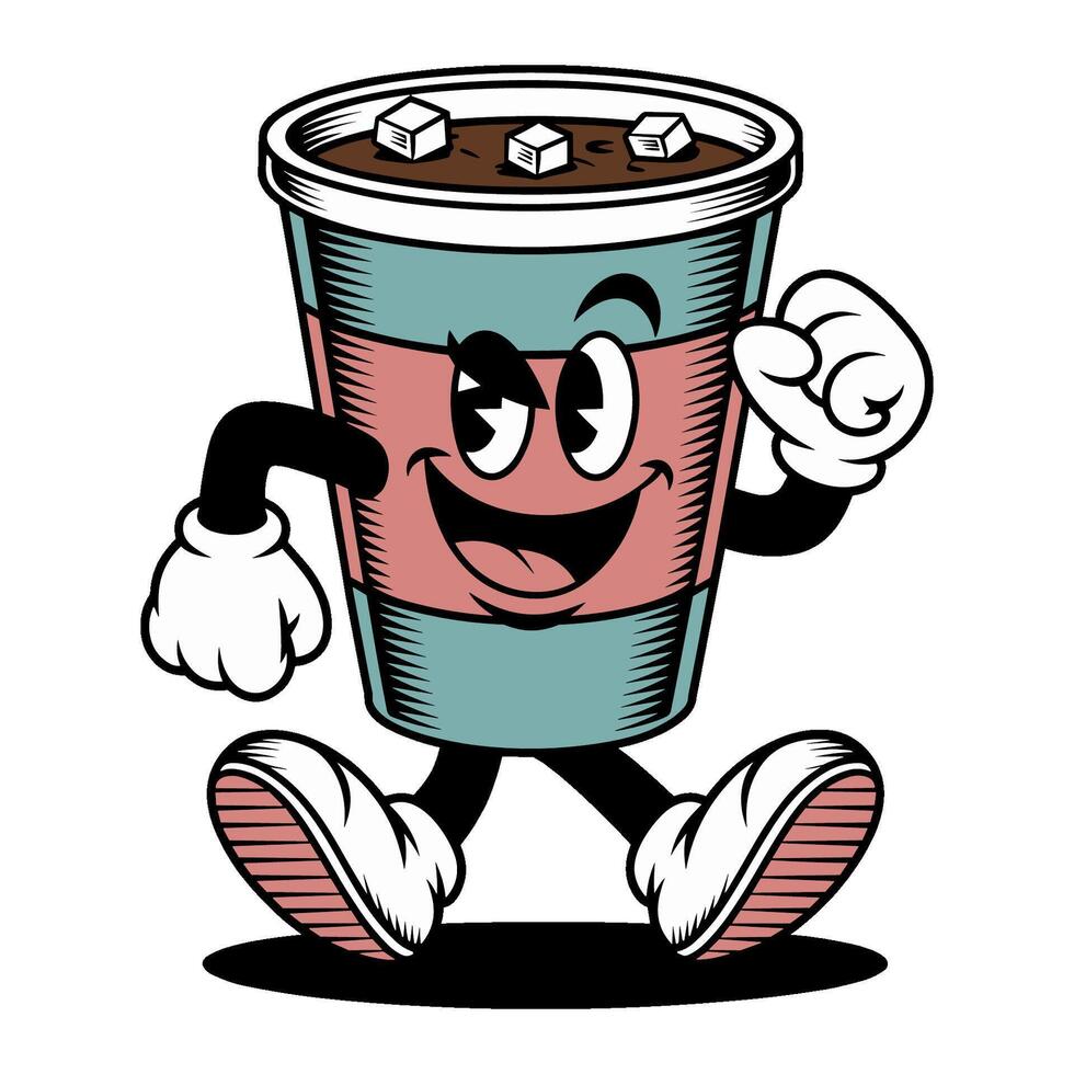 Cartoon coffee cup character walking happily with ice cubes on top, retro style vector