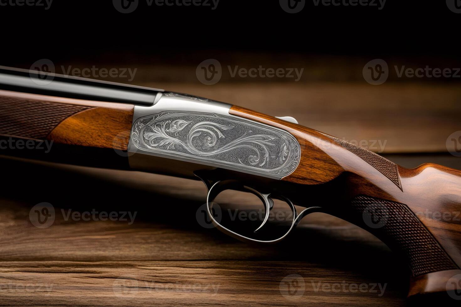 Elegant hunting shotgun resting on wooden table photo