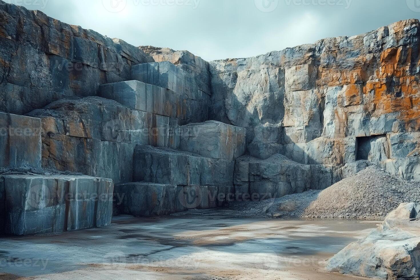 Granite quarry showing stone blocks and rock face in cloudy day photo