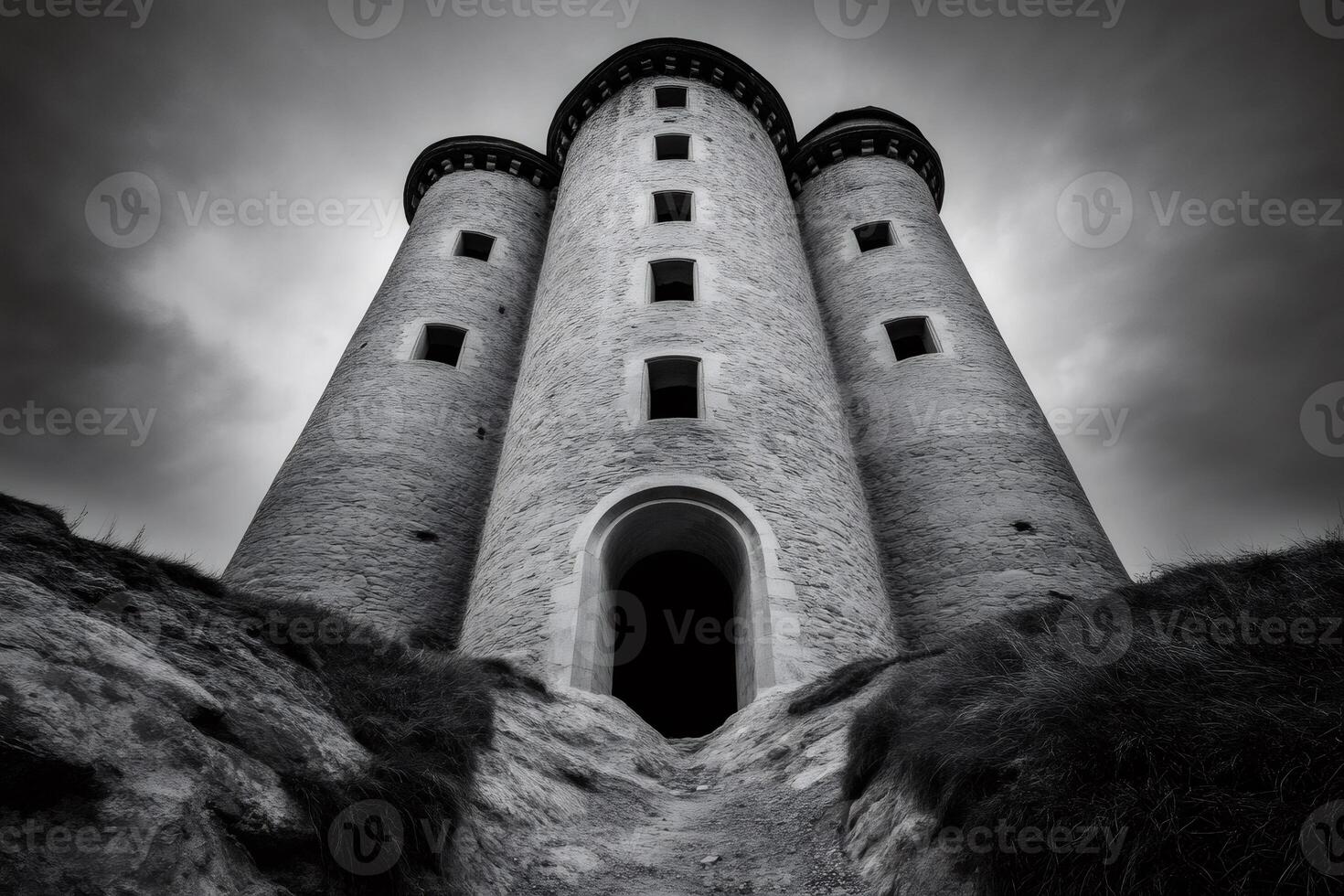 Majestic medieval castle tower reaching for the stormy sky photo