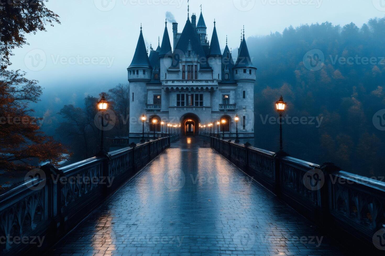 Mesmerizing view of a fairytale castle reflecting on a wet bridge at dawn photo