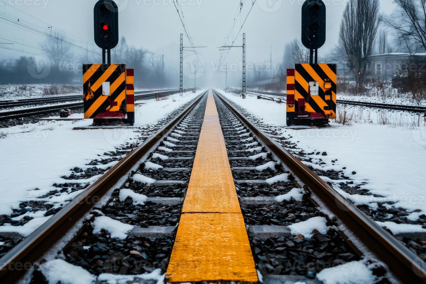 Train tracks covered in snow leading into distance on cold winter day photo